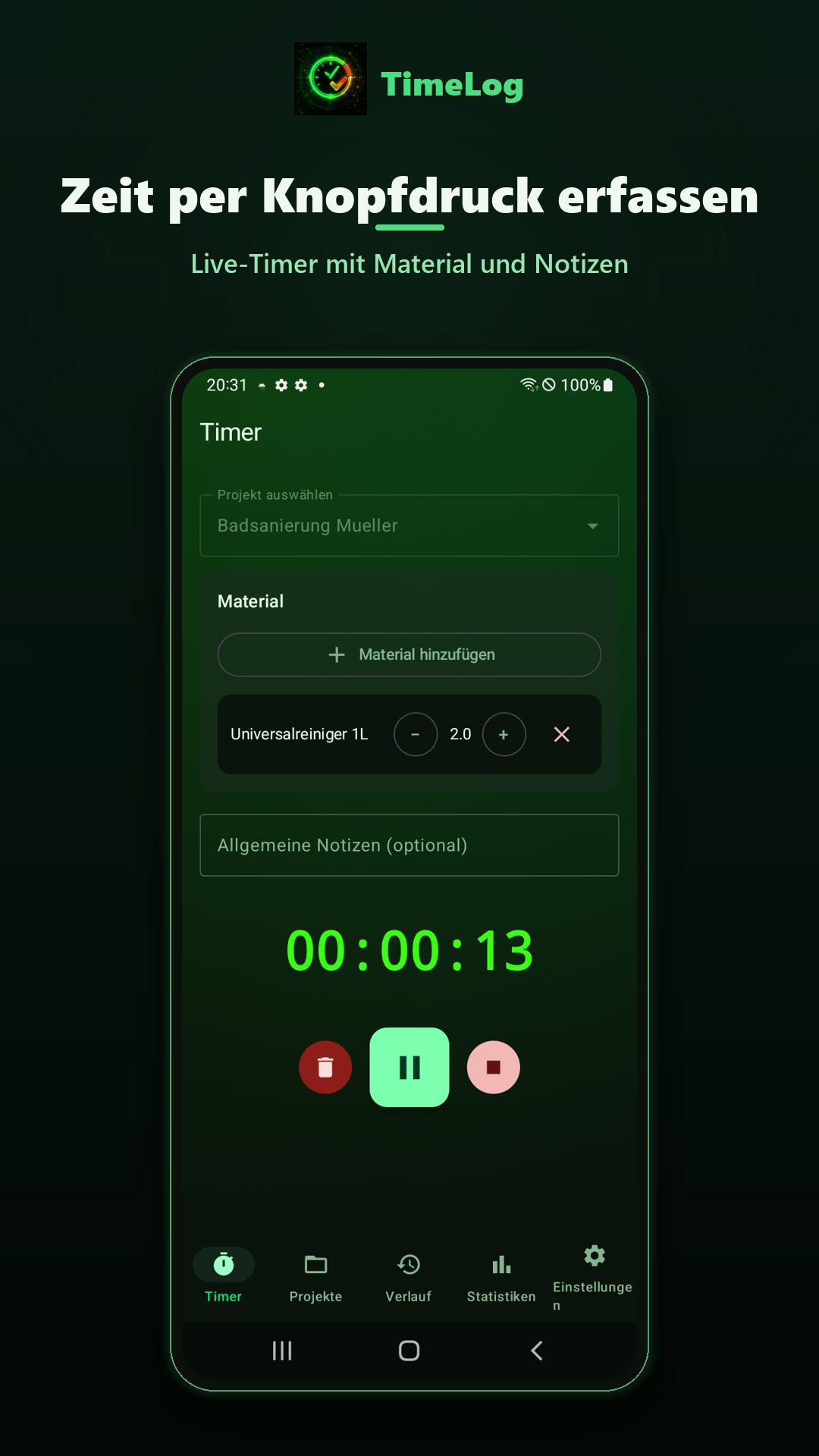 TimeLog Timer-Ansicht: laufende Zeiterfassung mit Material und Notizen